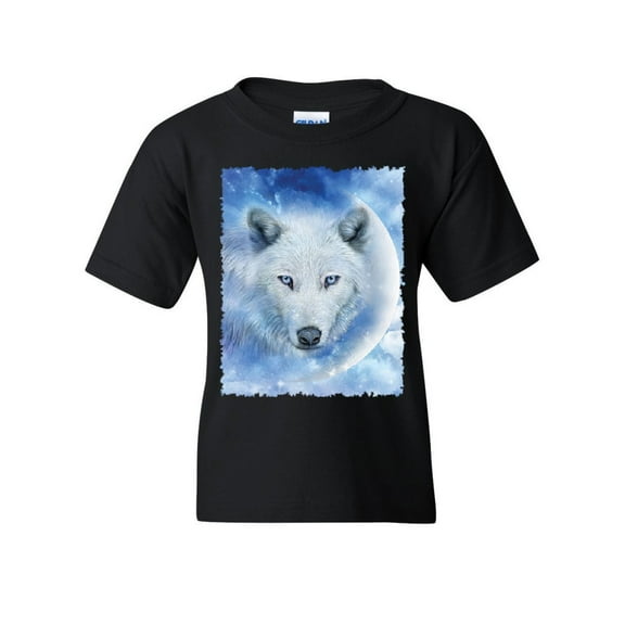 Tee Hunt White Wolf Youth T-Shirt Wildlife Animal Moon Howl Nature Wolfpack Kids Tee, Black, Large