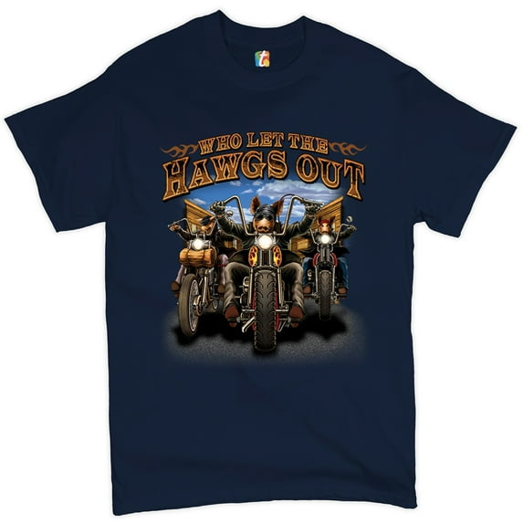 Tee Hunt Who Let The Hawgs Out T-Shirt Biker Motorcycle Gang Live to Ride Men's Tee, Navy Blue, Small