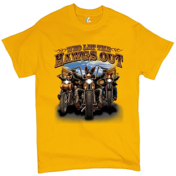 Tee Hunt Who Let The Hawgs Out T-Shirt Biker Motorcycle Gang Live to Ride Men's Tee, Yellow, Medium