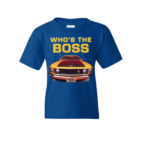 Tee Hunt Who's The Boss? Youth T-Shirt Ford Mustang Boss 302 Classic Muscle Car Kids Tee, Blue, Small