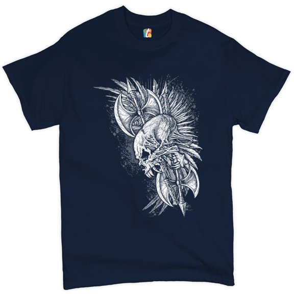 Tee Hunt Winged Skull T-Shirt Viking Warrior Skeleton Labrys Axe Gothic Men's Tee, Navy Blue, X-Large