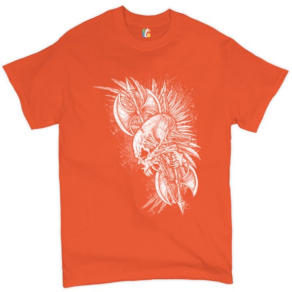 Tee Hunt Winged Skull T-Shirt Viking Warrior Skeleton Labrys Axe Gothic Men's Tee, Orange, 5X-Large