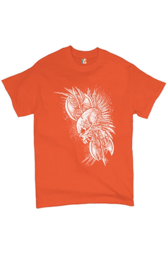 Winged Skull T-Shirt Viking Warrior Skeleton Labrys Axe Gothic Men's Tee, Orange, Large