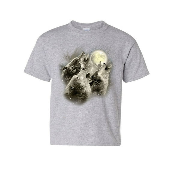 Tee Hunt Wolf Howl Youth T-Shirt Wild Wolf Pack Predator Animals Nature Moon Kids Tee, Gray, Large