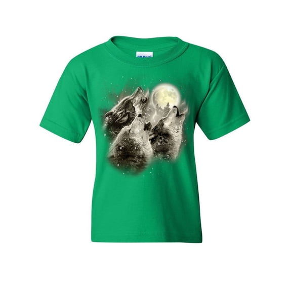 Tee Hunt Wolf Howl Youth T-Shirt Wild Wolf Pack Predator Animals Nature Moon Kids Tee, Green, Small