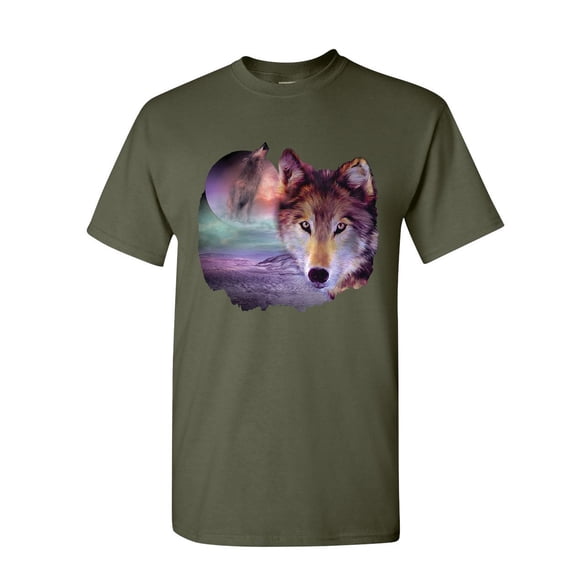 Tee Hunt Wolf Howling at Moon T-Shirt Wilderness Wildlife Wild Wolf Pack Mens Shirt, Military Green, Large