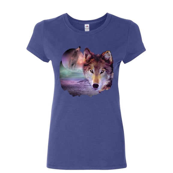 Tee Hunt Wolf Howling at Moon Women's T-Shirt Wilderness Wildlife Wild Wolf Pack Shirt, Blue, X-Large