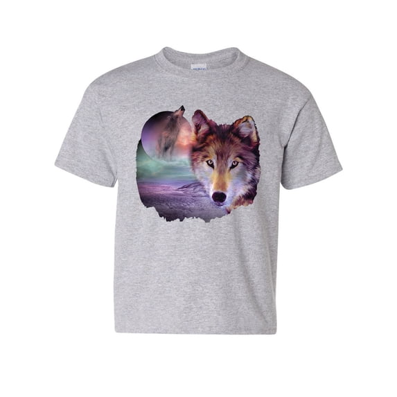 Tee Hunt Wolf Howling at Moon Youth T-Shirt Wilderness Wildlife Wild Wolf Pack Kids Tee, Gray, Large