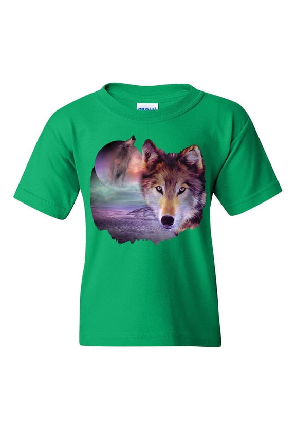 Wolf Howling at Moon Youth T-Shirt Wilderness Wildlife Wild Wolf Pack Kids Tee, Green, Large