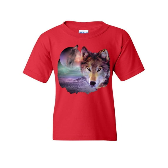 Tee Hunt Wolf Howling at Moon Youth T-Shirt Wilderness Wildlife Wild Wolf Pack Kids Tee, Red, Small