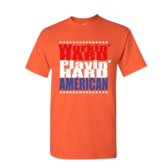 Tee Hunt Working Hard Playing Hard T-Shirt American Patriot Inspirational Mens Shirt, Orange, XX-Large