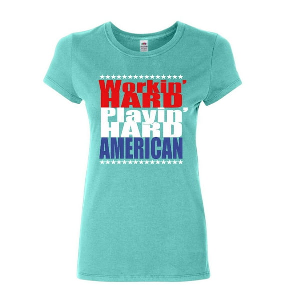 Tee Hunt Working Hard Playing Hard Women's T-Shirt American Patriot Inspirational Shirt, Light Blue, XX-Large