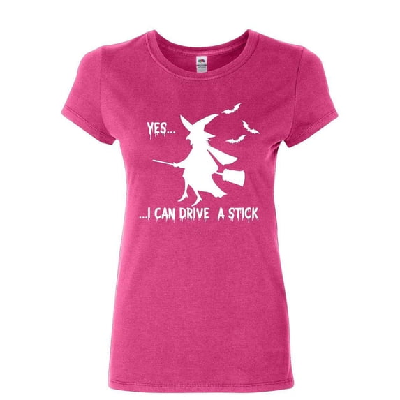 Tee Hunt Yes, I Can Drive a Stick Cotton T-Shirt Funny Halloween Witch, Pink, Small