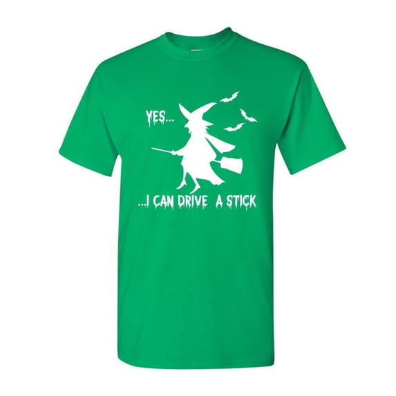 Tee Hunt Yes, I Can Drive a Stick T-Shirt Funny Halloween Witch Shirt, Green, Large