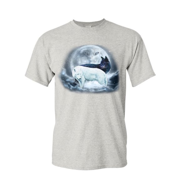 Tee Hunt Yin & Yang Wolves T-Shirt Animals Wildlife Nature Wolf Pack Moon Mens Shirt, Ash Gray, Medium