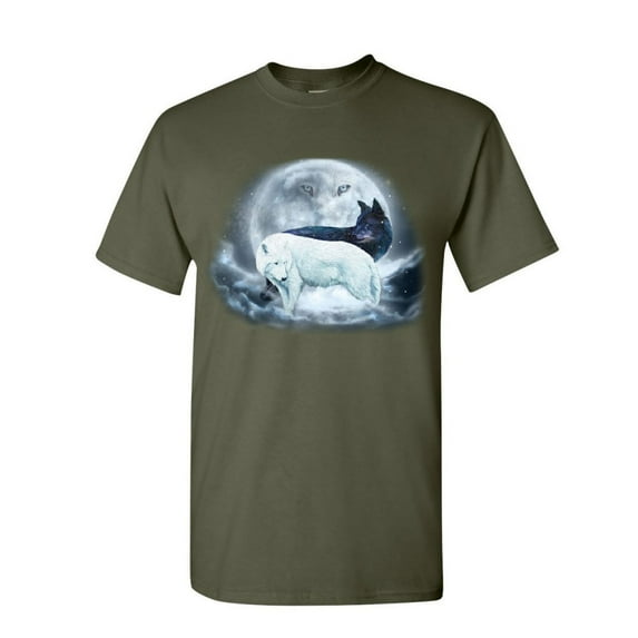 Tee Hunt Yin & Yang Wolves T-Shirt Animals Wildlife Nature Wolf Pack Moon Mens Shirt, Military Green, 4X-Large
