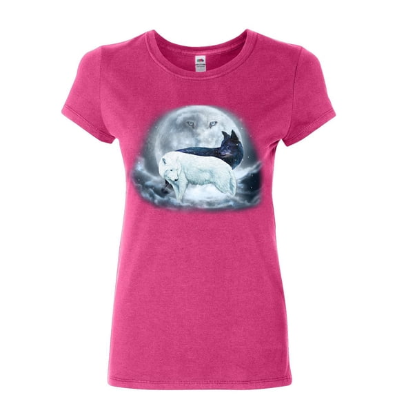 Tee Hunt Yin & Yang Wolves Women's T-Shirt Animals Wildlife Nature Wolf Pack Moon Shirt, Pink, 3X-Large