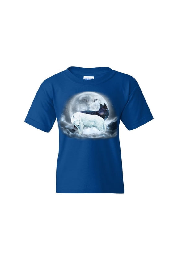 Yin & Yang Wolves Youth T-Shirt Animals Wildlife Nature Wolf Pack Moon Kids Tee, Blue, Medium