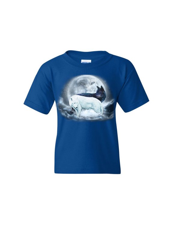 Yin & Yang Wolves Youth T-Shirt Animals Wildlife Nature Wolf Pack Moon Kids Tee, Blue, Small