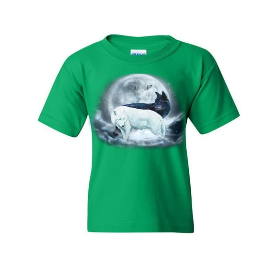 Tee Hunt Yin & Yang Wolves Youth T-Shirt Animals Wildlife Nature Wolf Pack Moon Kids Tee, Green, Large