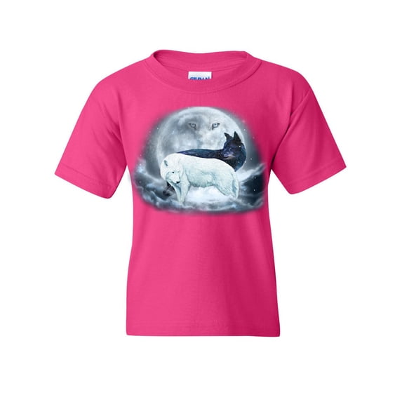 Tee Hunt Yin & Yang Wolves Youth T-Shirt Animals Wildlife Nature Wolf Pack Moon Kids Tee, Pink, Large