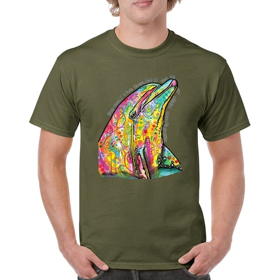 Tee Hunt You Only Live Once T-Shirt Cute Neon Dolphin Dean Russo Art Men's Tee, Military Green, X-Large