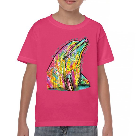 Tee Hunt You Only Live Once Youth T-Shirt Cute Neon Dolphin Dean Russo Art Kids, Pink, Small