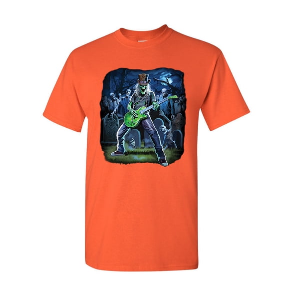 Tee Hunt Zombie Rock T-Shirt Heavy Death Metal Music Skull Hard Rock Mens Tee, Orange, 5X-Large