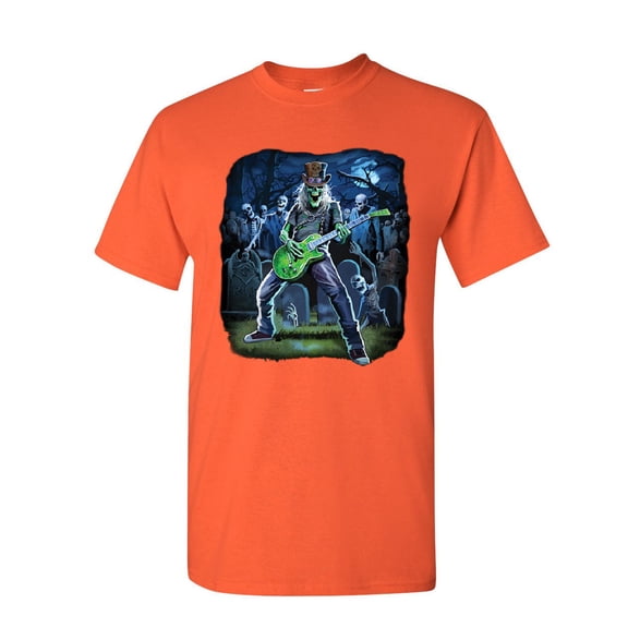 Tee Hunt Zombie Rock T-Shirt Heavy Death Metal Music Skull Hard Rock Mens Tee, Orange, Small