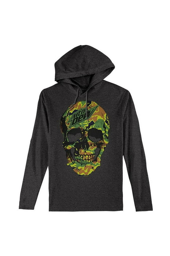 Men's Faded MTN Dew Soda Camo Skull Long Sleeve Hooded Shirt (S)