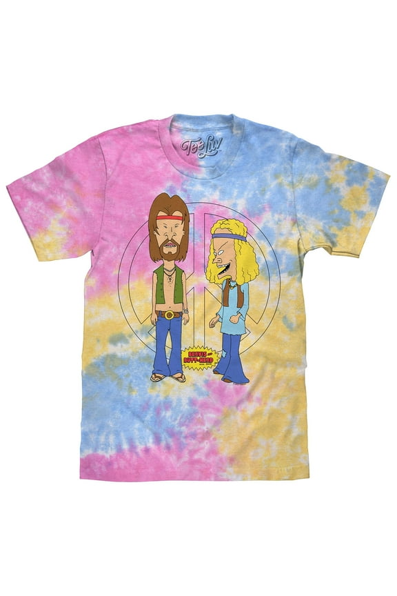 Men's Hippie Beavis and Butt-Head Cartoon Character Tie Dye Shirt (L)