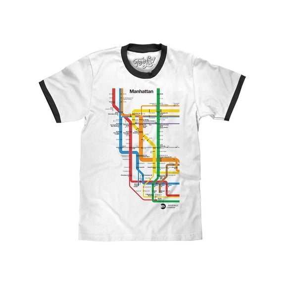 Tee Luv Men's Manhattan NYC MTA Subway Map White and Black Ringer Tee Shirt (L)
