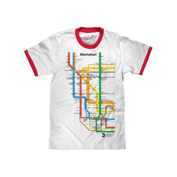 Tee Luv Men's Manhattan NYC MTA Subway Map White and Red Ringer Tee Shirt (M)