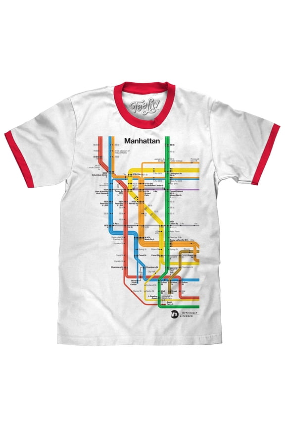 Men's Manhattan NYC MTA Subway Map White and Red Ringer Tee Shirt (XL)