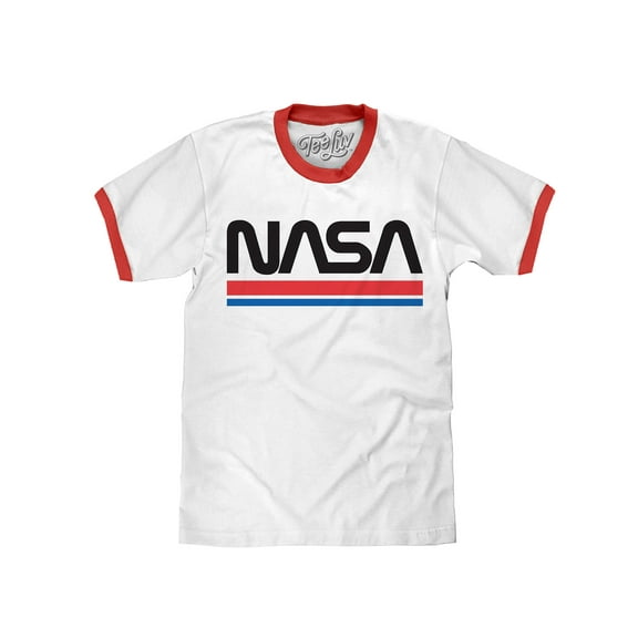 Tee Luv Men's NASA Worm Logo Ringer T-Shirt (White/Red) (Small)