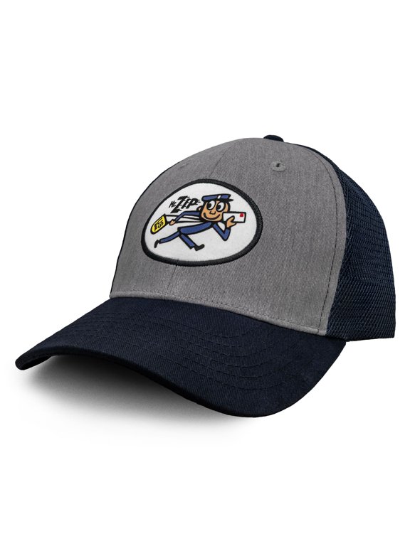 Men's USPS Mr ZIP Cartoon Character Mesh Back Hat, Gray and Navy Blue