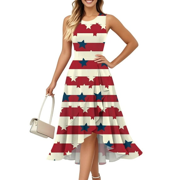 Tee Shirt Dresses For Women, 4Th Of July Dress Casual Cotton Sleeveless Round Neck American Flag Ruffle Flowy Long Tank Leopard Dress Women Pink Sequin Summer Maxi Dress (L, Red) ZMTing