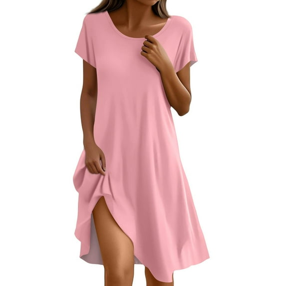Tee Shirt Dresses For Women, T Shirt Dresses Flared Short Sleeve Casual Solid Color V Neck Beach Modest Dresses Short With Pockets Cocktail Dresses Women Wedding Dresses (XXL, Pink) ZMTing