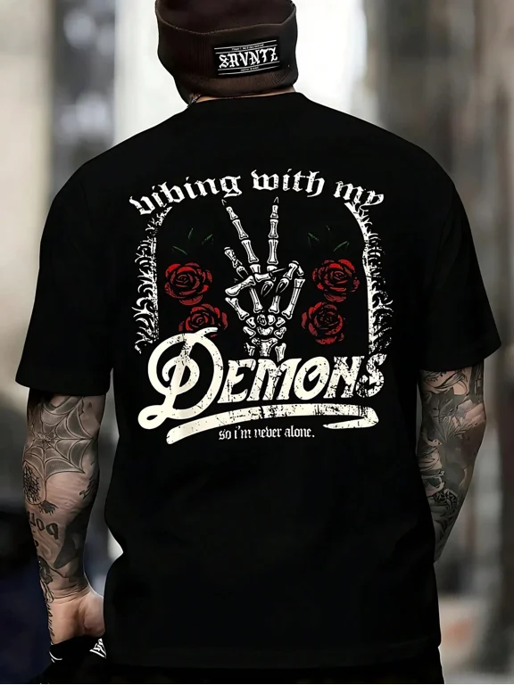 Tee Shirt Gothic Skeleton Hand Roses Vibe With My Demons Graphic Print Unisex Streetwear Casual Daily Wear Cotton Men's Women's Tee Shirt