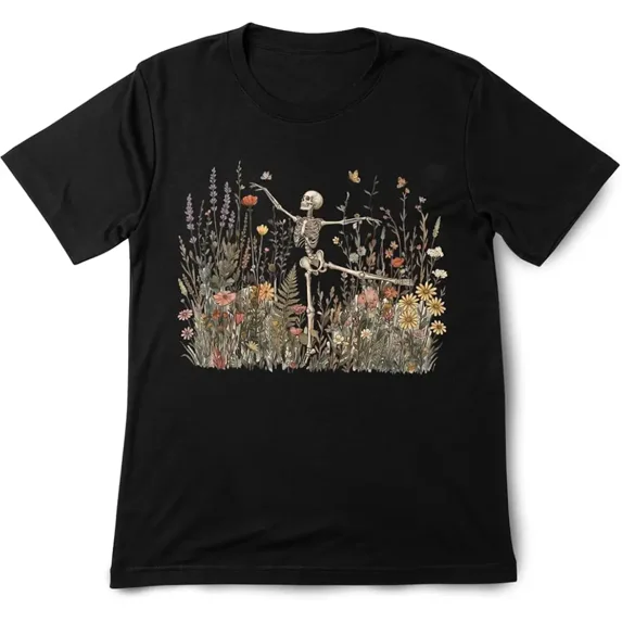 Tee Shirt Skeleton Dancing In Wildflowers Vintage Botanical Art Unisex Casual Wear Summer Festival Gift Cotton Men's Women's Tee Shirt