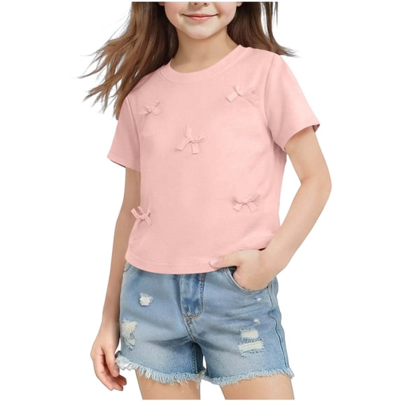 Tee Shirts for Kids Girl Boy Winter Fall Short Sleeve Crewneck Brunch Bow Tie Thermal Plain Tee Shirt Tops Kid 2026 Soft Comfy Clothing Regular Fit 7 Years