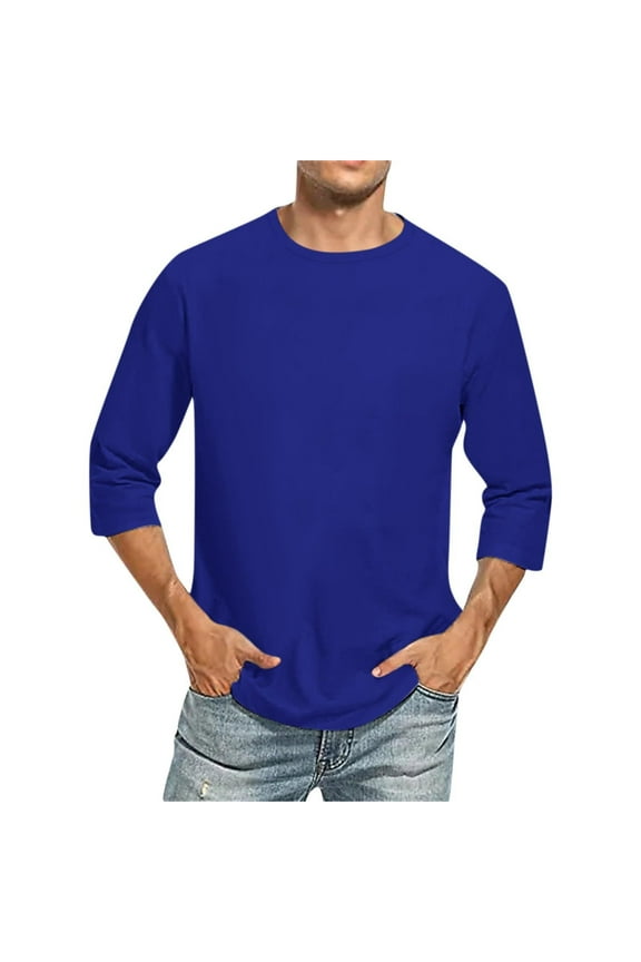Tee Shirts Mens 3/4 Sleeve Crewneck T-Shirt Basic Blue Tee Shirt Men Summer Shirts