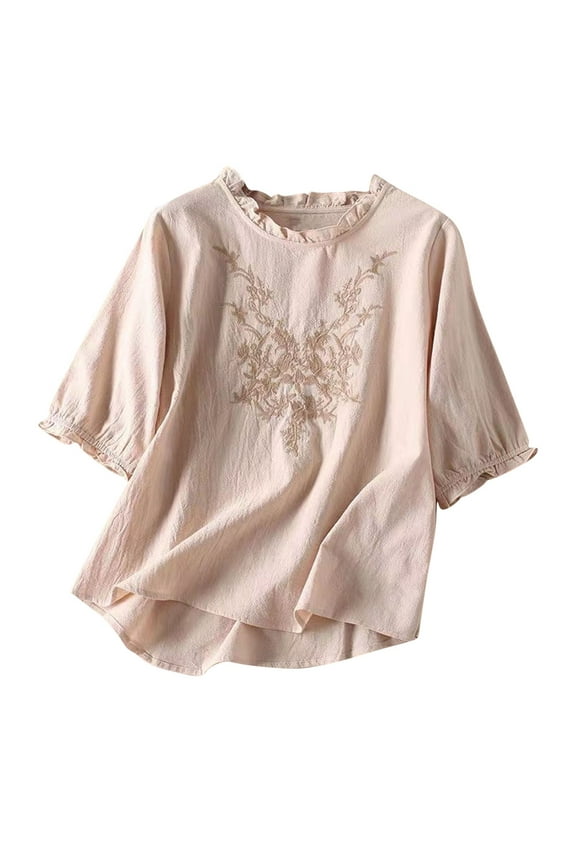 Tee Shirts for Women Loose Fit 3/4 Sleeve Womens Tops Summer Cotton Linen Embroidered Print Chinese Shirts Casual Loose Boho Tops Comfy Tunic Blouses Stretchy Breathable Plus Size Tops