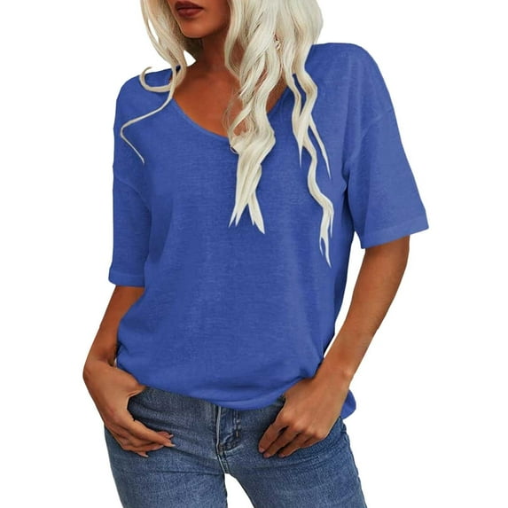 Tee Shirts Womens! Comdrip Women's T Shirt V Neck Half Sleeve Loose Shirt Casual Solid Color Basic Top Womens Short Sleeve Tops Blue1 M