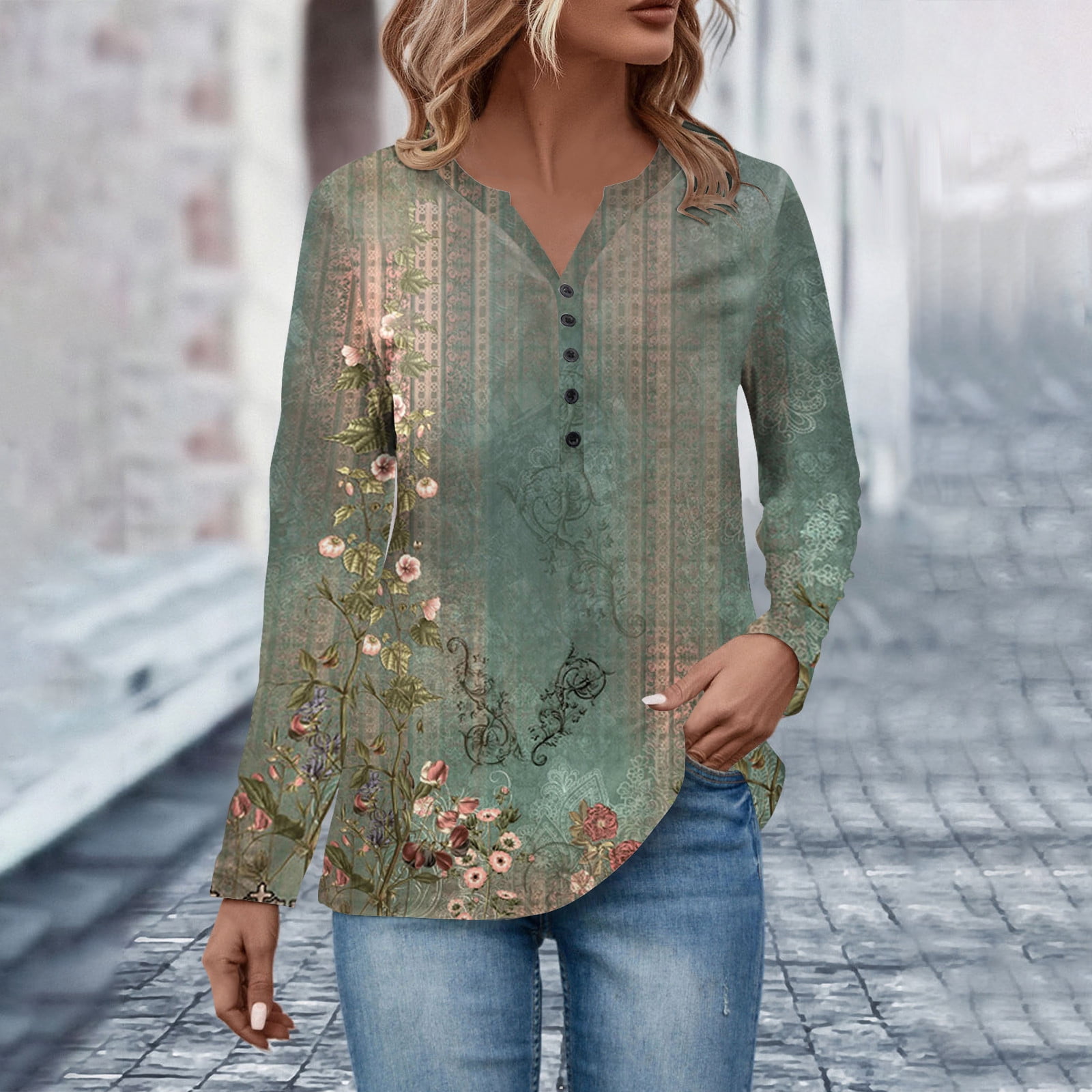 Tee Shirts Womens Fall Ethnic Floral Modest Tops for Women 2023 Long Sleeve  Henley Neck Lightweight Button Down Shirt Winter Bohemian Sweatshirts