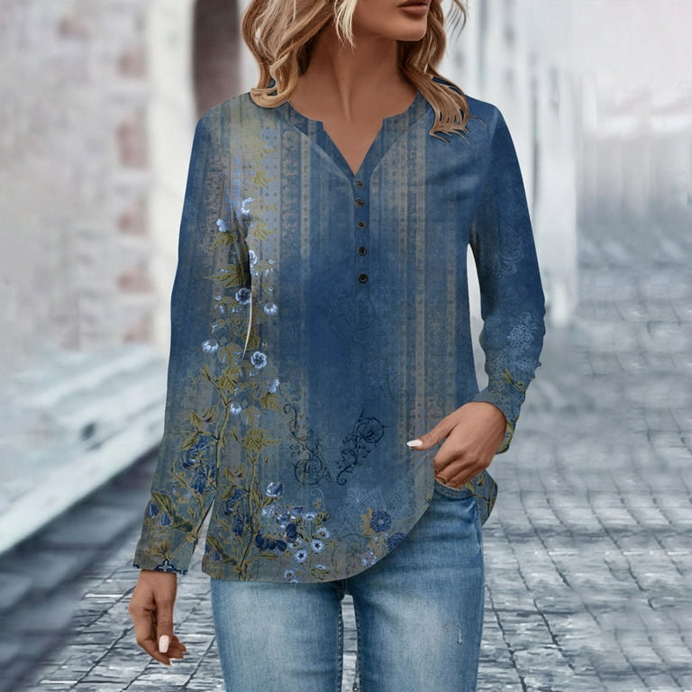 Tee Shirts Womens Trendy Long Sleeve Henley Neck Business Casual Tops for  Women Fall Business Casual Tunic Button Down Shirts Winter Ethnic Floral