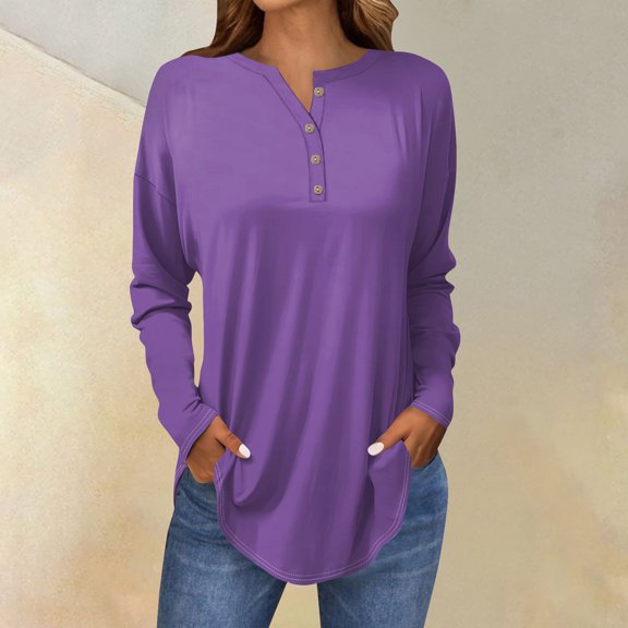 Tee Shirts for Women Fall Casual Long Sleeve Button Shirts Sweatshirt Vintage Top Pullover