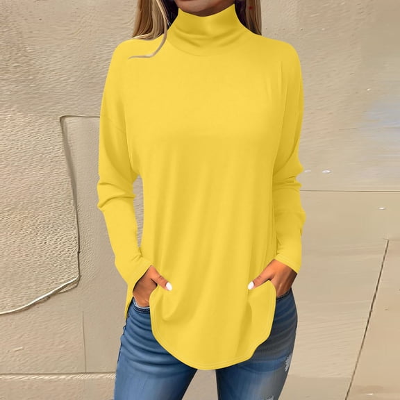 Tee Shirts for Women Fall Casual Long Sleeve Shirts Sweatshirt Solid Color High Neck Top Pullover