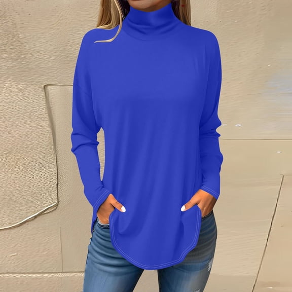 Tee Shirts for Women Fall Casual Long Sleeve Shirts Sweatshirt Solid Color High Neck Top Pullover