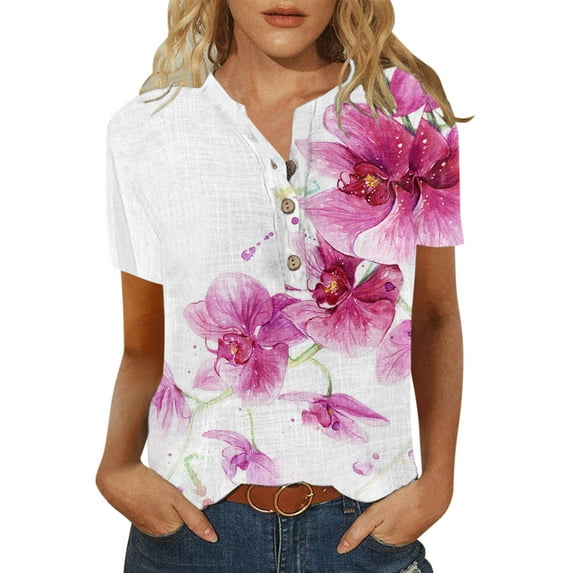 Tee Shirts for Women Short Sleeve Button Down Collar Shirt Floral Print S